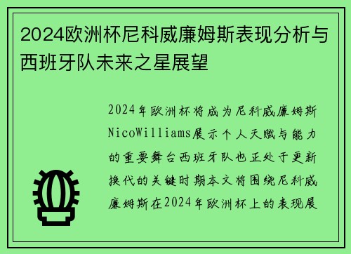 2024欧洲杯尼科威廉姆斯表现分析与西班牙队未来之星展望