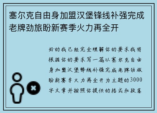 塞尔克自由身加盟汉堡锋线补强完成老牌劲旅盼新赛季火力再全开