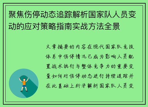 聚焦伤停动态追踪解析国家队人员变动的应对策略指南实战方法全景